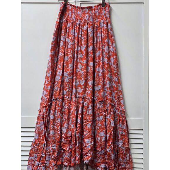 Free People Way of the Wind Printed Midi Skirt Orange Blue Floral Smocked Waist - Picture 2 of 9
